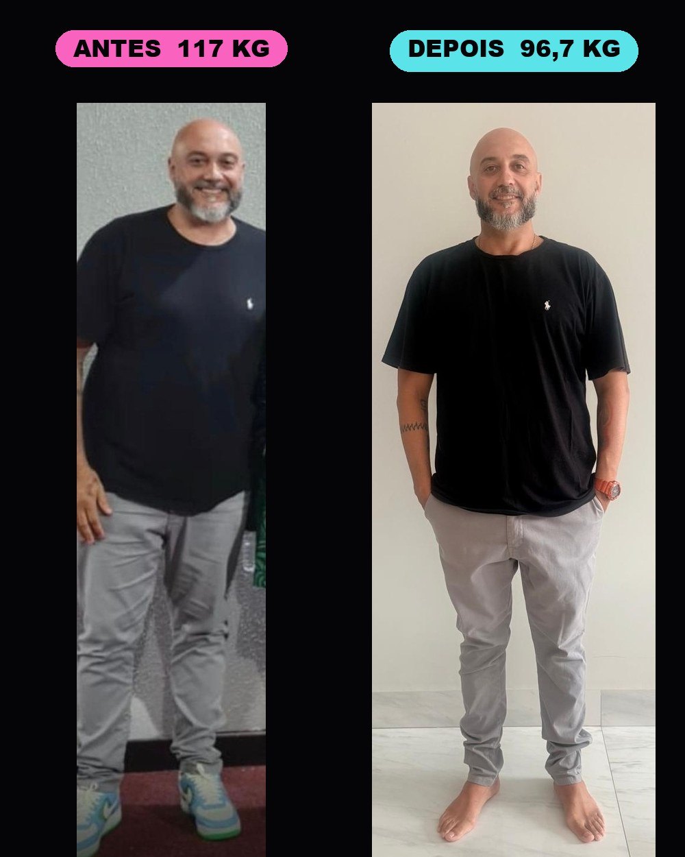 Antes e depois do aluno do Tosha, de 117 kg para 96,7 kg